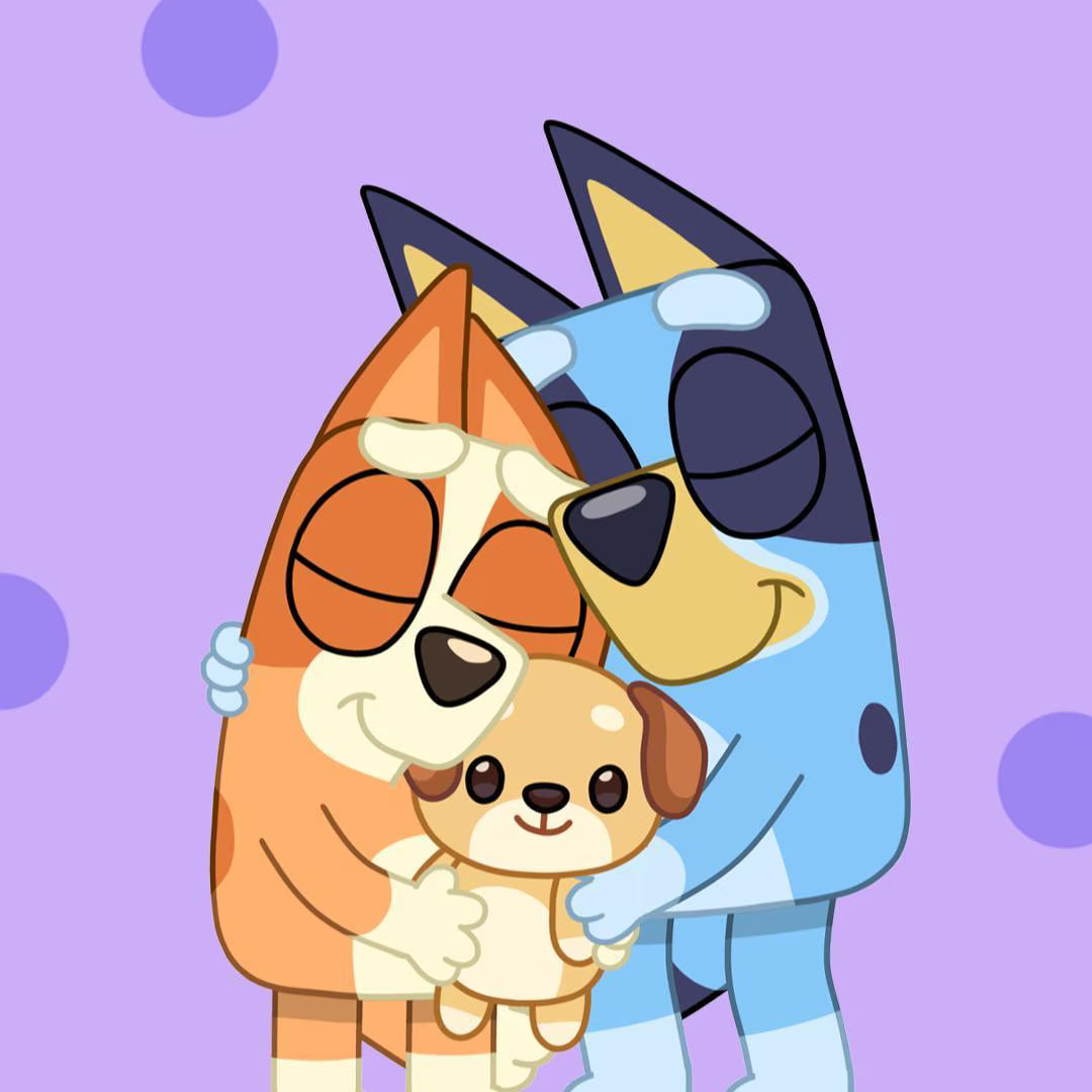 Bluey y Bingo abrazando